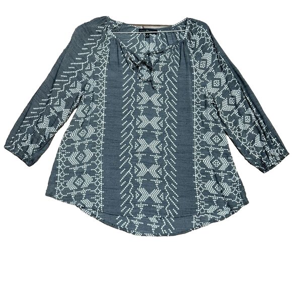 Gray White 3/4 Sleeve V-Neck Boho Blouse MEDIUM Top Bohemian Summer Fred David - Picture 1 of 7